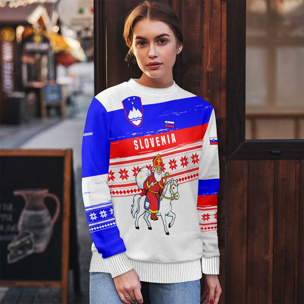 Slovenia Christmas Ugly Christmas Sweater with Saint Nicholas White Horse Snowflake Pattern and National Flag Design - Wonder Print Shop