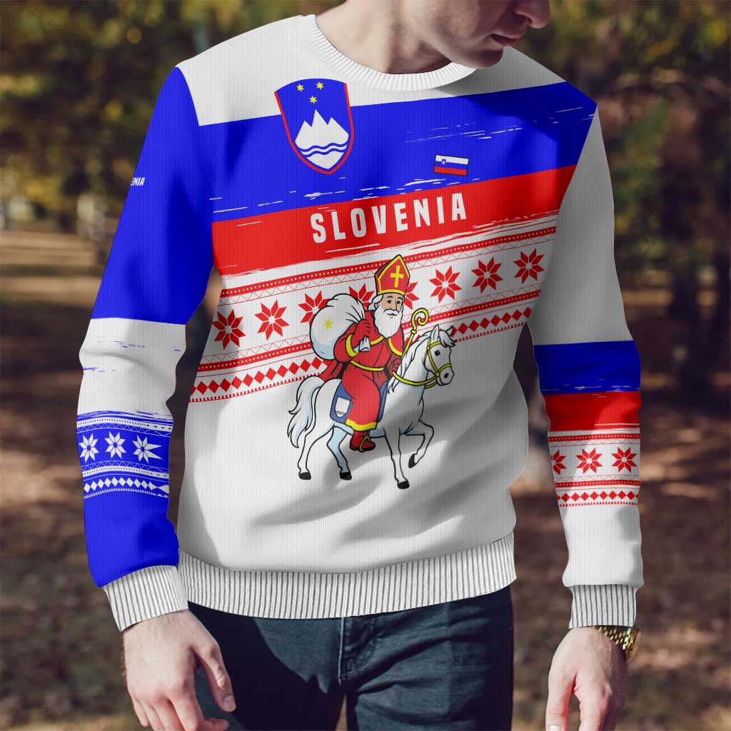 Slovenia Christmas Ugly Christmas Sweater with Saint Nicholas White Horse Snowflake Pattern and National Flag Design - Wonder Print Shop