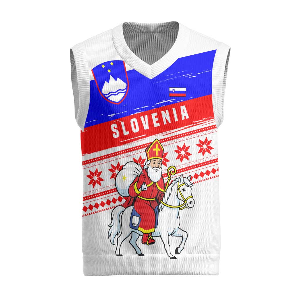 Slovenia Christmas Knitted V-Neck Vest with Saint Nicholas White Horse Snowflake Pattern and National Flag Design - Wonder Print Shop