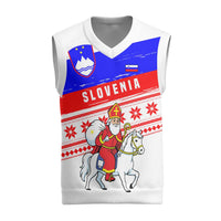 Slovenia Christmas Knitted V-Neck Vest with Saint Nicholas White Horse Snowflake Pattern and National Flag Design - Wonder Print Shop