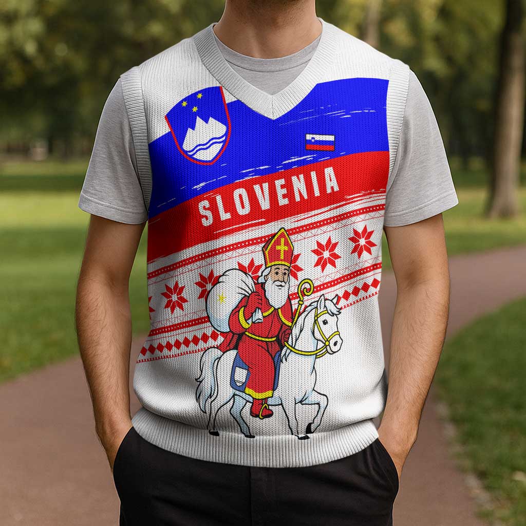 Slovenia Christmas Knitted V-Neck Vest with Saint Nicholas White Horse Snowflake Pattern and National Flag Design - Wonder Print Shop