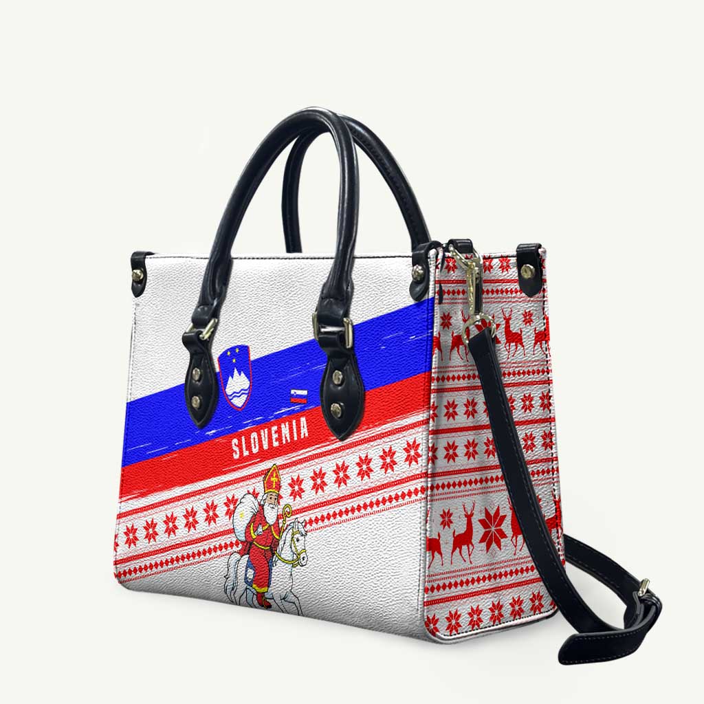 Slovenia Christmas Leather Bag with Saint Nicholas White Horse Snowflake Pattern and National Flag Design - Wonder Print Shop