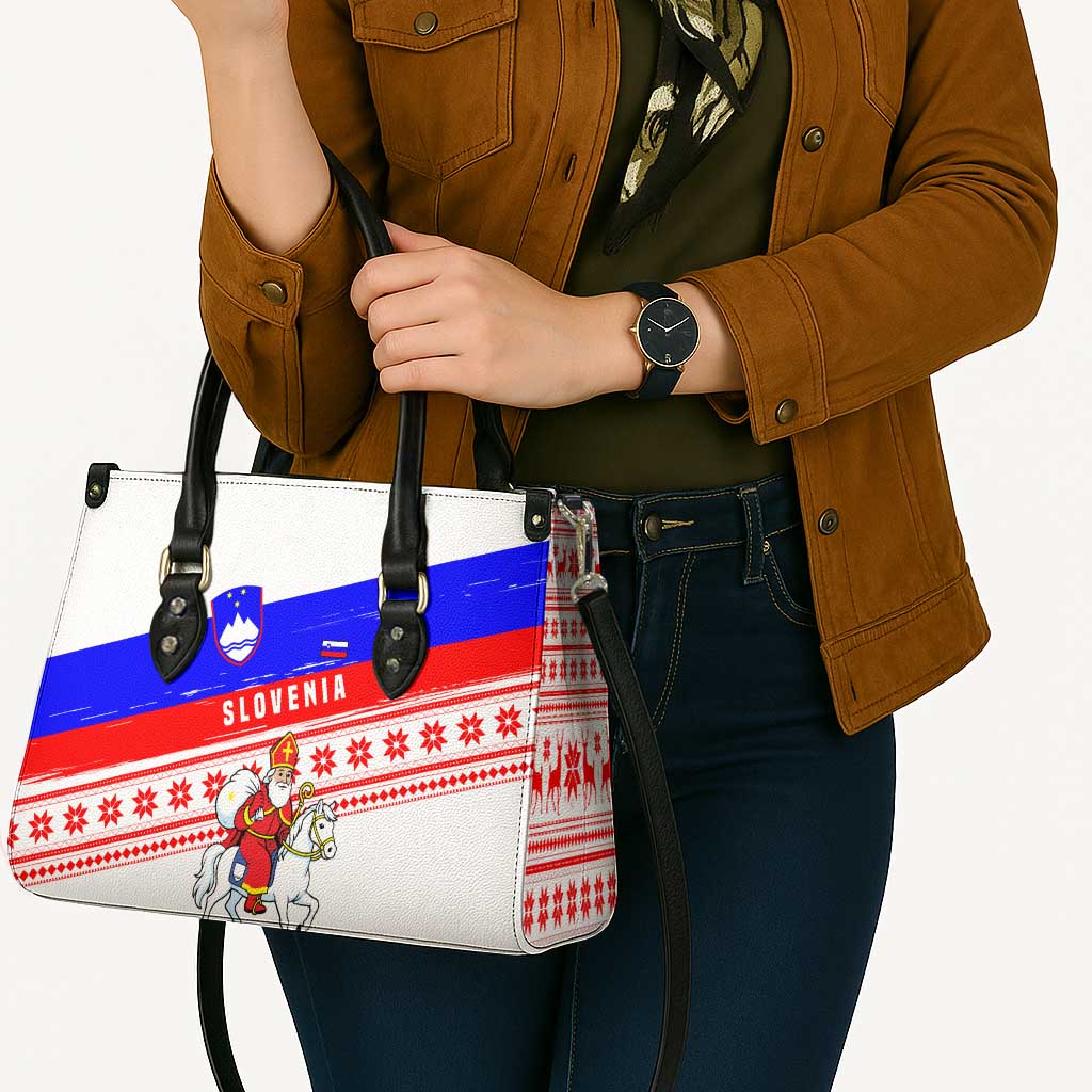 Slovenia Christmas Leather Bag with Saint Nicholas White Horse Snowflake Pattern and National Flag Design - Wonder Print Shop