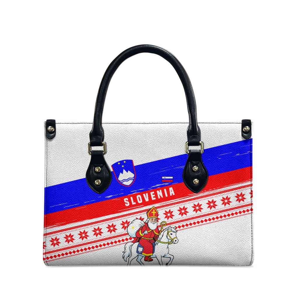 Slovenia Christmas Leather Bag with Saint Nicholas White Horse Snowflake Pattern and National Flag Design - Wonder Print Shop