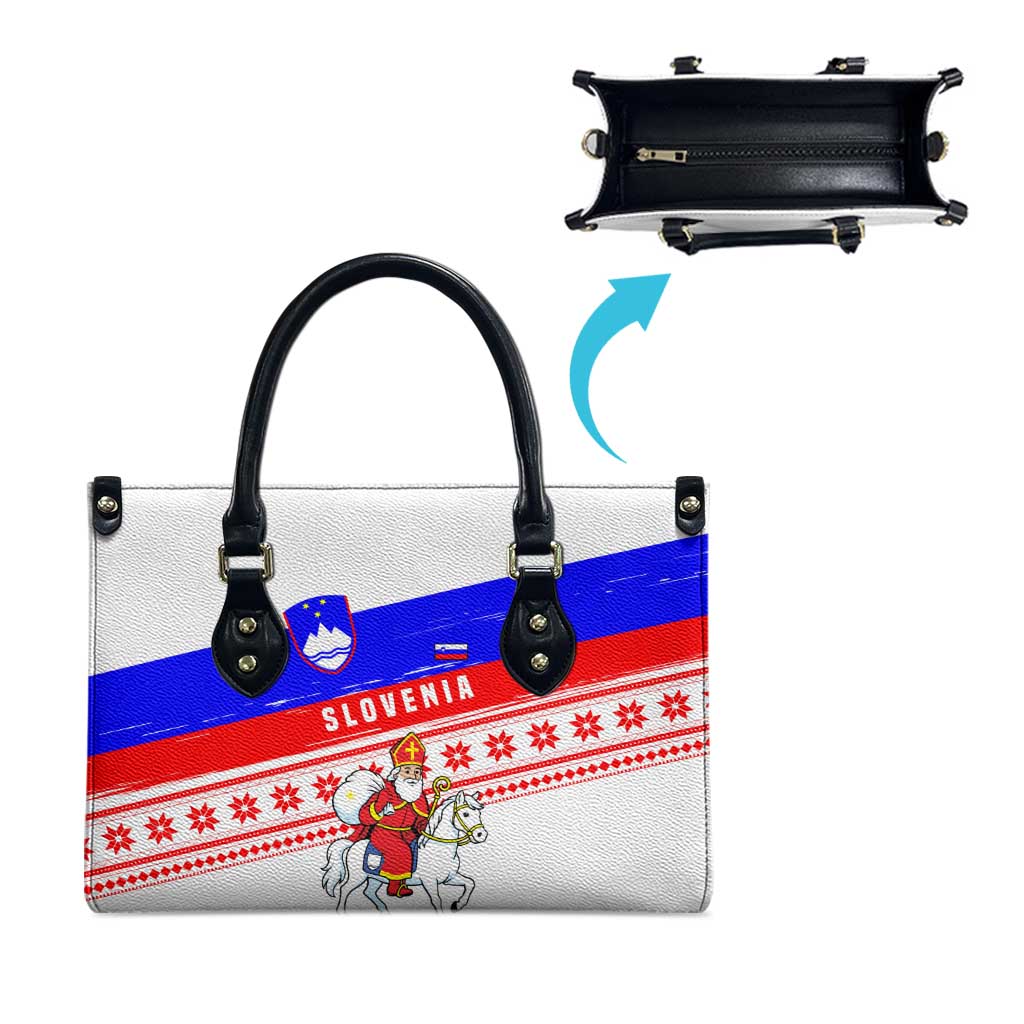 Slovenia Christmas Leather Bag with Saint Nicholas White Horse Snowflake Pattern and National Flag Design - Wonder Print Shop