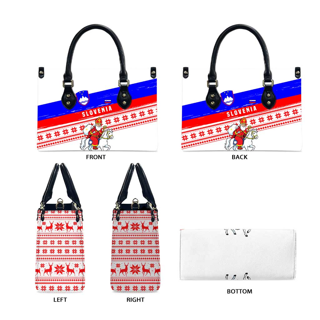 Slovenia Christmas Leather Bag with Saint Nicholas White Horse Snowflake Pattern and National Flag Design - Wonder Print Shop
