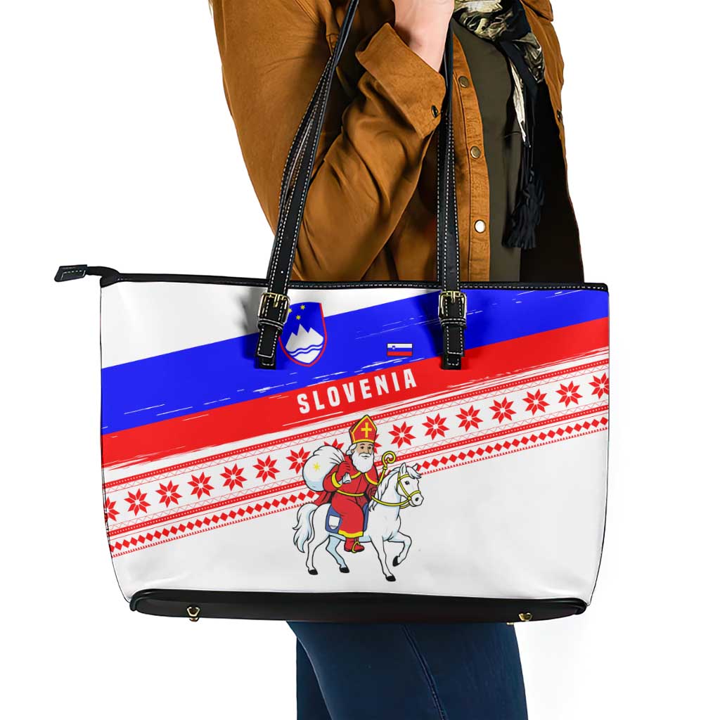 Slovenia Christmas Leather Tote Bag with Saint Nicholas White Horse Snowflake Pattern and National Flag Design - Wonder Print Shop