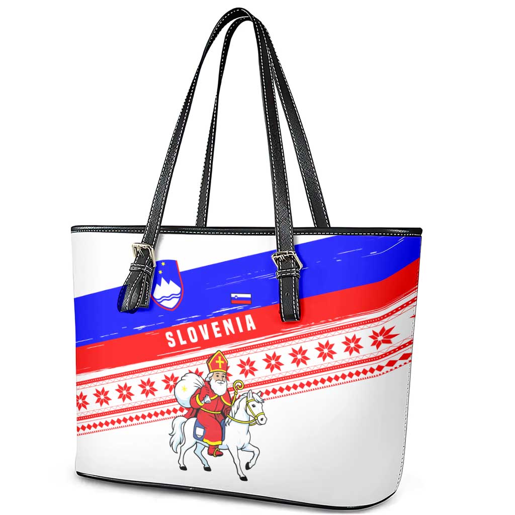 Slovenia Christmas Leather Tote Bag with Saint Nicholas White Horse Snowflake Pattern and National Flag Design - Wonder Print Shop