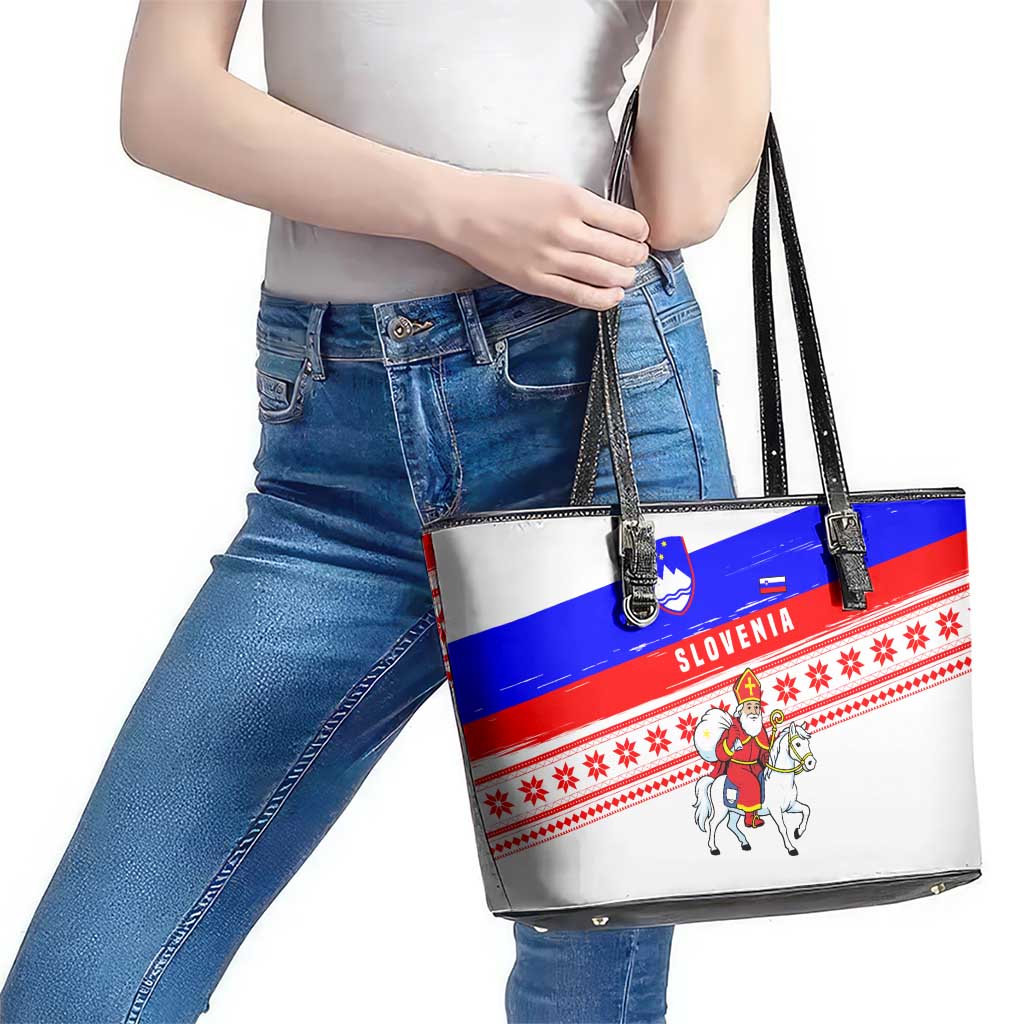 Slovenia Christmas Leather Tote Bag with Saint Nicholas White Horse Snowflake Pattern and National Flag Design - Wonder Print Shop
