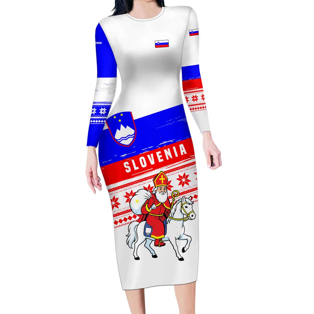 Slovenia Christmas Long Sleeve Bodycon Dress with Saint Nicholas White Horse Snowflake Pattern and National Flag Design - Wonder Print Shop