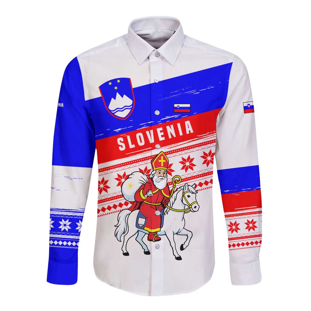 Slovenia Christmas Long Sleeve Button Shirt with Saint Nicholas White Horse Snowflake Pattern and National Flag Design - Wonder Print Shop