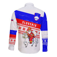 Slovenia Christmas Long Sleeve Button Shirt with Saint Nicholas White Horse Snowflake Pattern and National Flag Design - Wonder Print Shop