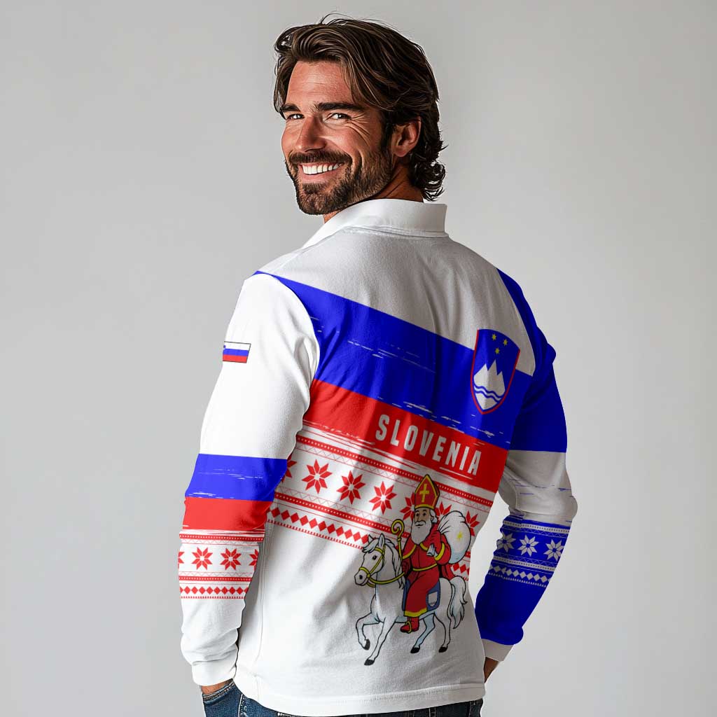 Slovenia Christmas Long Sleeve Polo Shirt with Saint Nicholas White Horse Snowflake Pattern and National Flag Design - Wonder Print Shop