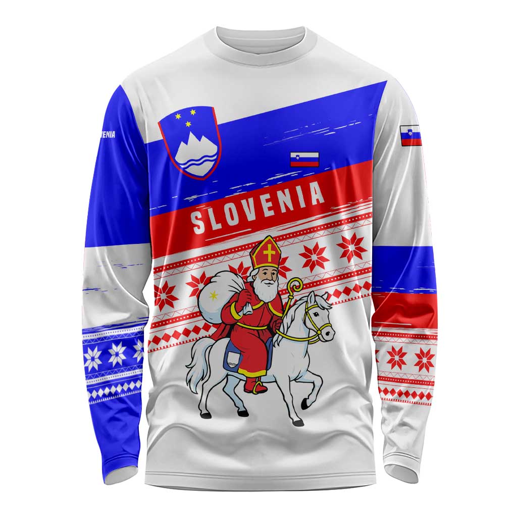 Slovenia Christmas Long Sleeve Shirt with Saint Nicholas White Horse Snowflake Pattern and National Flag Design - Wonder Print Shop