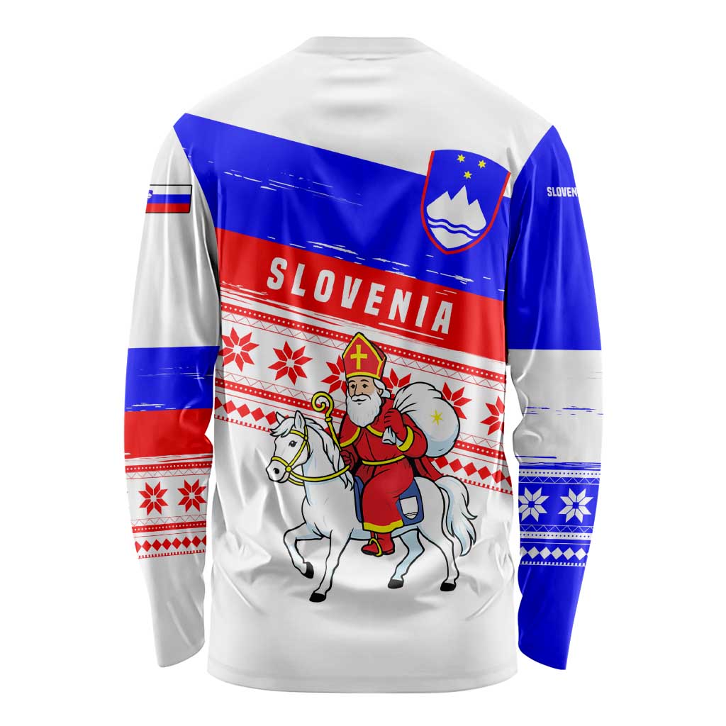 Slovenia Christmas Long Sleeve Shirt with Saint Nicholas White Horse Snowflake Pattern and National Flag Design - Wonder Print Shop