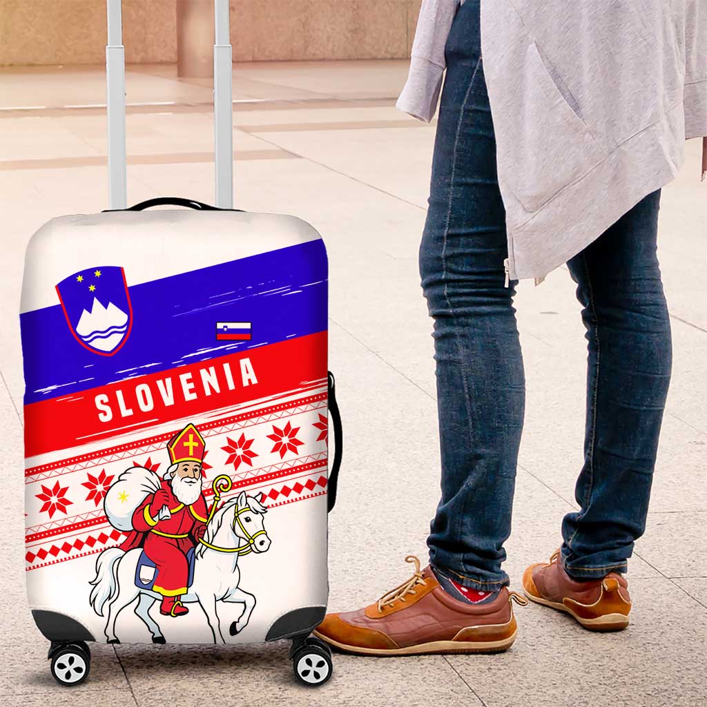 Slovenia Christmas Luggage Cover with Saint Nicholas White Horse Snowflake Pattern and National Flag Design - Wonder Print Shop