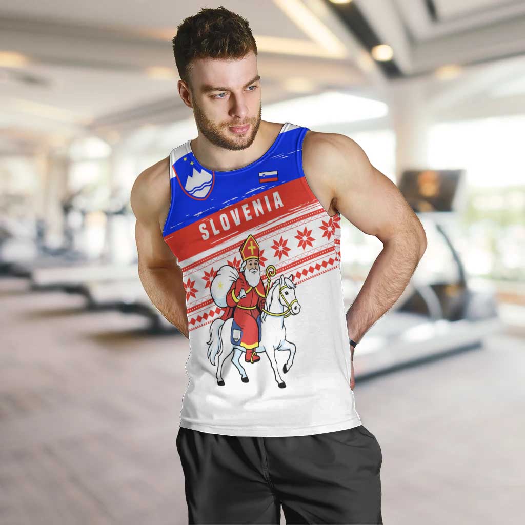 Slovenia Christmas Men Tank Top with Saint Nicholas White Horse Snowflake Pattern and National Flag Design - Wonder Print Shop