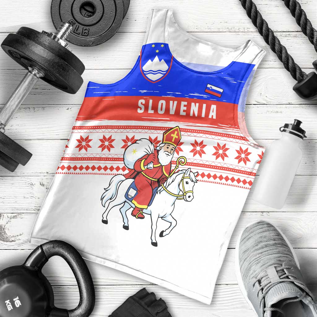 Slovenia Christmas Men Tank Top with Saint Nicholas White Horse Snowflake Pattern and National Flag Design - Wonder Print Shop