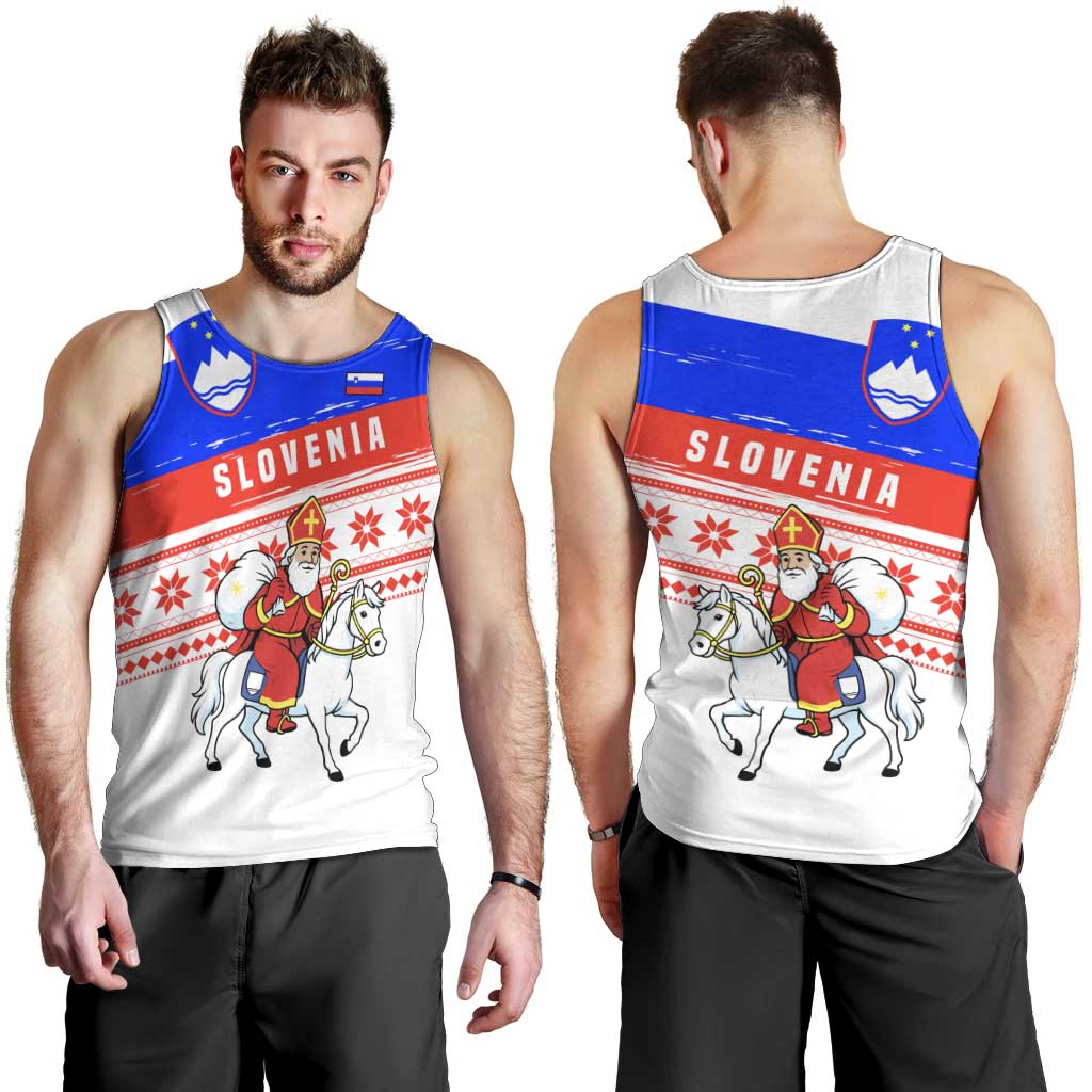Slovenia Christmas Men Tank Top with Saint Nicholas White Horse Snowflake Pattern and National Flag Design - Wonder Print Shop