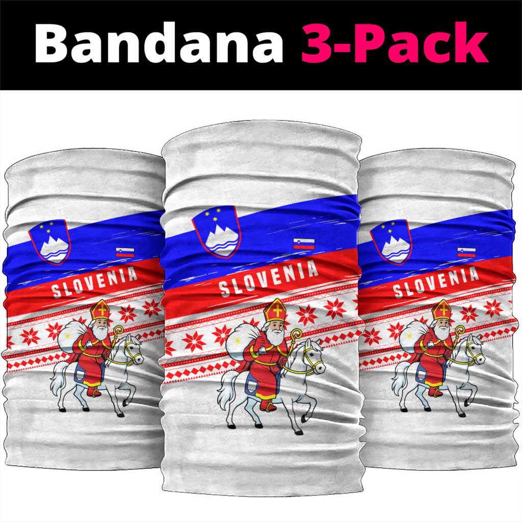 Slovenia Christmas Neck Gaiter with Saint Nicholas White Horse Snowflake Pattern and National Flag Design - Wonder Print Shop