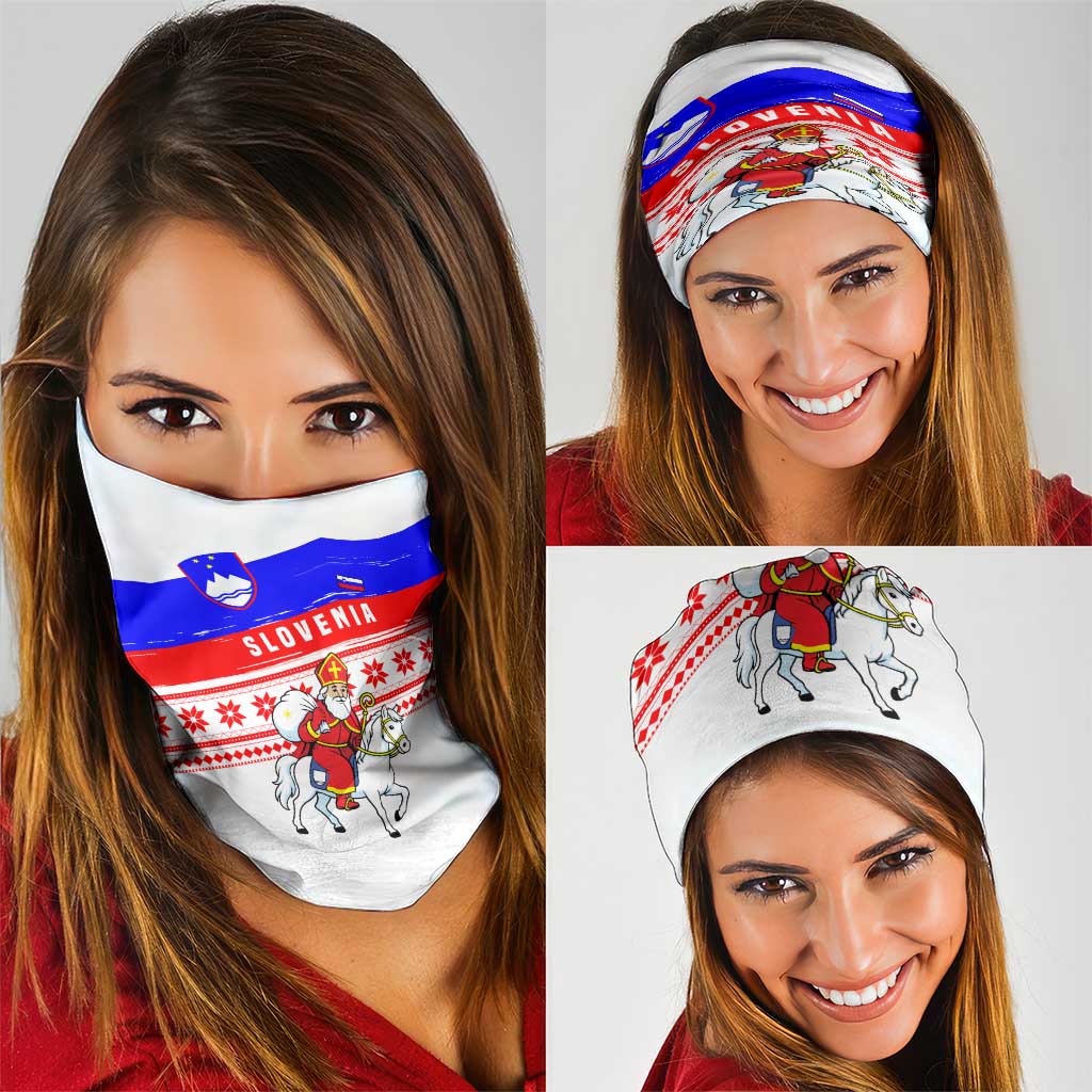 Slovenia Christmas Neck Gaiter with Saint Nicholas White Horse Snowflake Pattern and National Flag Design - Wonder Print Shop