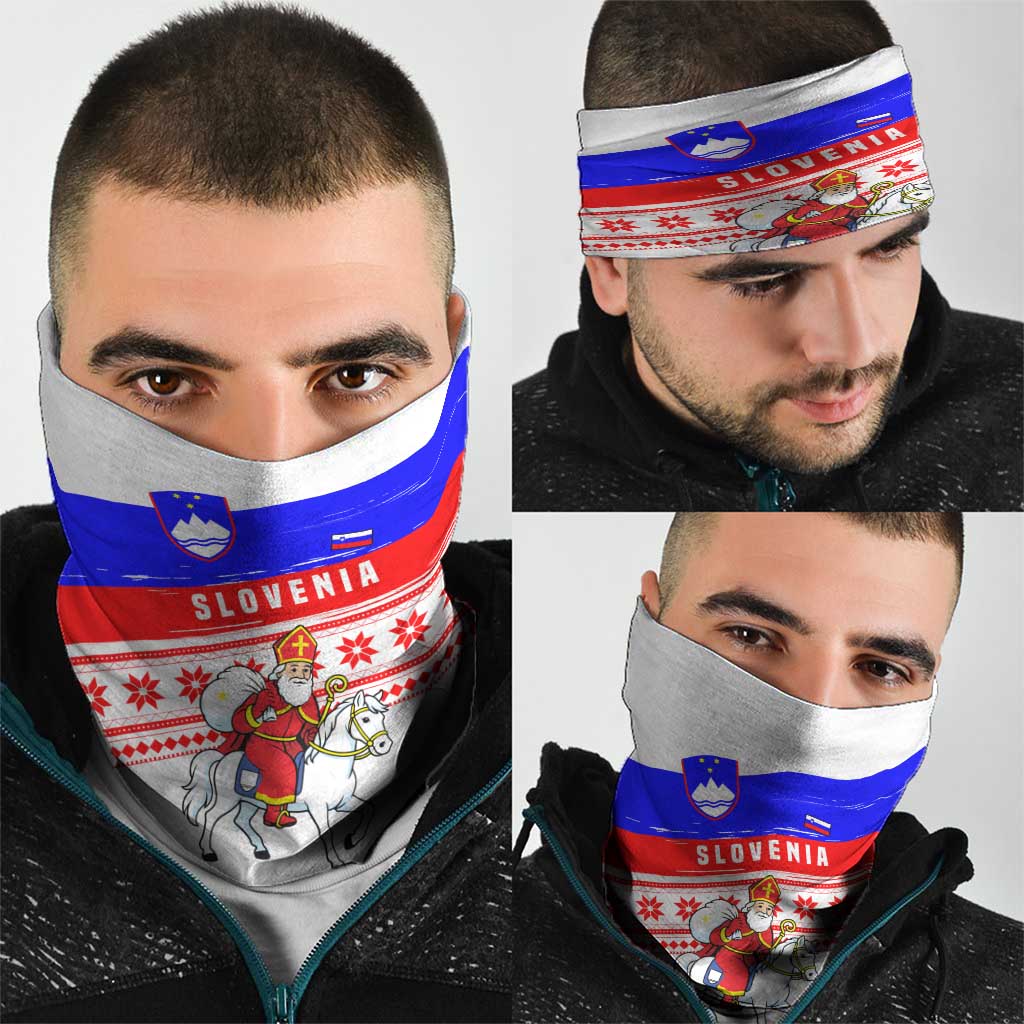 Slovenia Christmas Neck Gaiter with Saint Nicholas White Horse Snowflake Pattern and National Flag Design - Wonder Print Shop