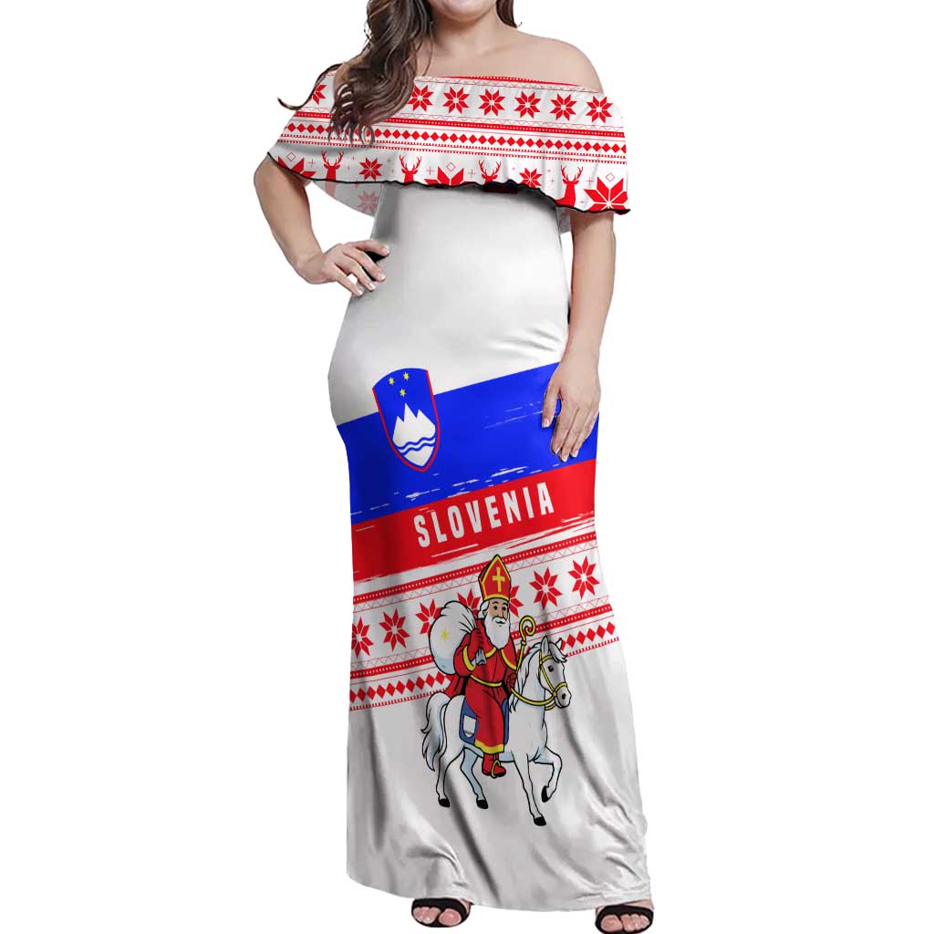 Slovenia Christmas Off Shoulder Maxi Dress with Saint Nicholas White Horse Snowflake Pattern and National Flag Design - Wonder Print Shop