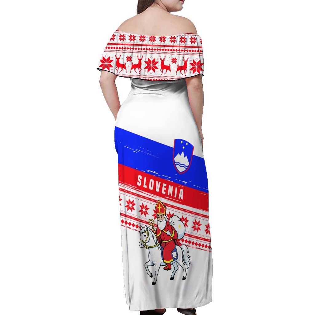 Slovenia Christmas Off Shoulder Maxi Dress with Saint Nicholas White Horse Snowflake Pattern and National Flag Design - Wonder Print Shop