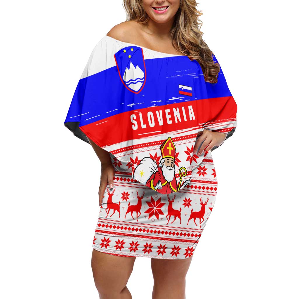 Slovenia Christmas Off Shoulder Short Dress with Saint Nicholas White Horse Snowflake Pattern and National Flag Design - Wonder Print Shop