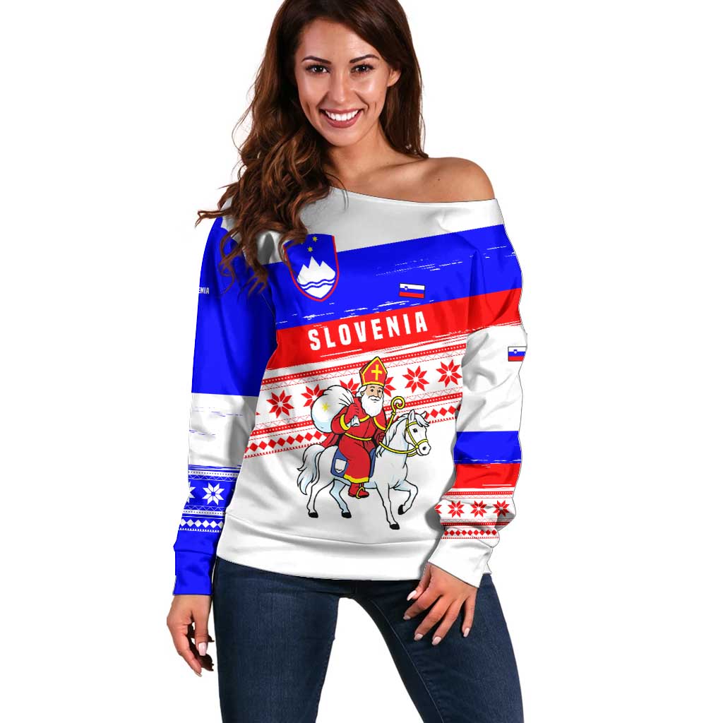 Slovenia Christmas Off Shoulder Sweater with Saint Nicholas White Horse Snowflake Pattern and National Flag Design - Wonder Print Shop