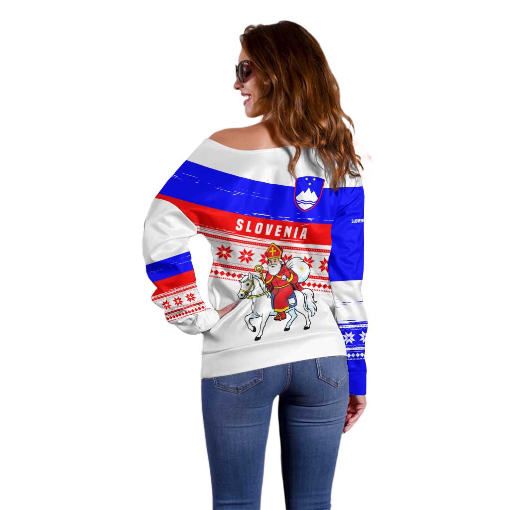 Slovenia Christmas Off Shoulder Sweater with Saint Nicholas White Horse Snowflake Pattern and National Flag Design - Wonder Print Shop