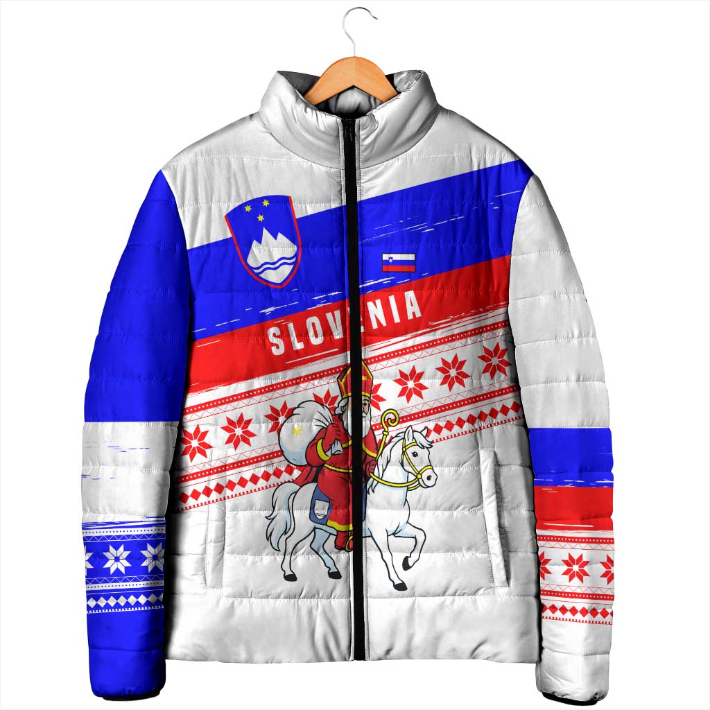 Slovenia Christmas Padded Jacket with Saint Nicholas White Horse Snowflake Pattern and National Flag Design - Wonder Print Shop