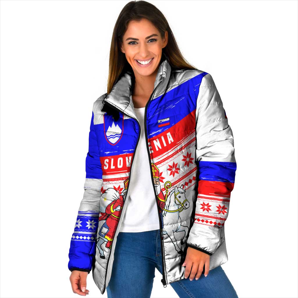 Slovenia Christmas Padded Jacket with Saint Nicholas White Horse Snowflake Pattern and National Flag Design - Wonder Print Shop