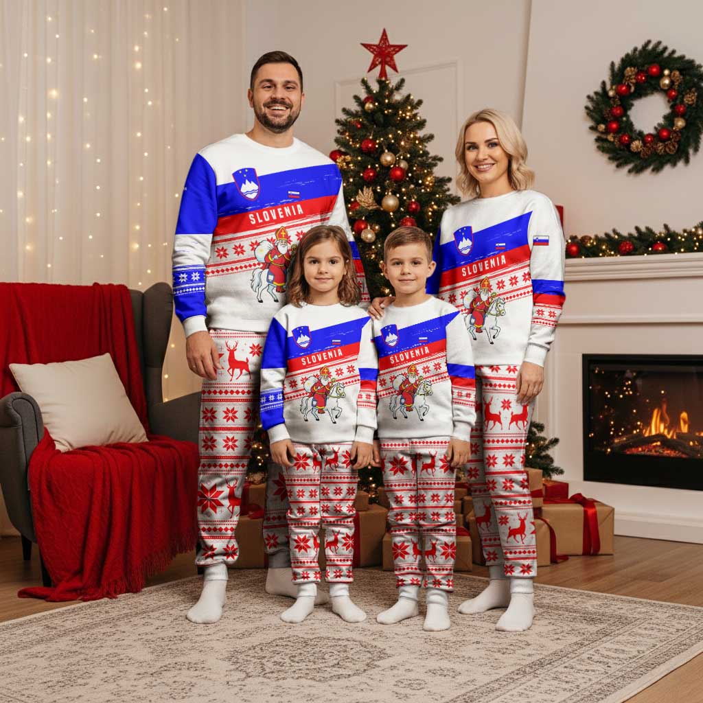 Slovenia Christmas Pajama Set with Saint Nicholas White Horse Snowflake Pattern and National Flag Design - Wonder Print Shop
