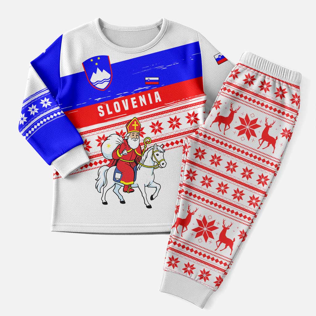 Slovenia Christmas Pajama Set with Saint Nicholas White Horse Snowflake Pattern and National Flag Design - Wonder Print Shop