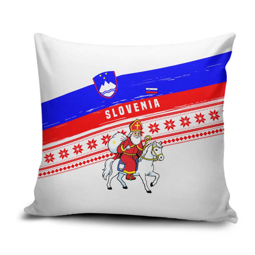 Slovenia Christmas Pillow Cover with Saint Nicholas White Horse Snowflake Pattern and National Flag Design - Wonder Print Shop