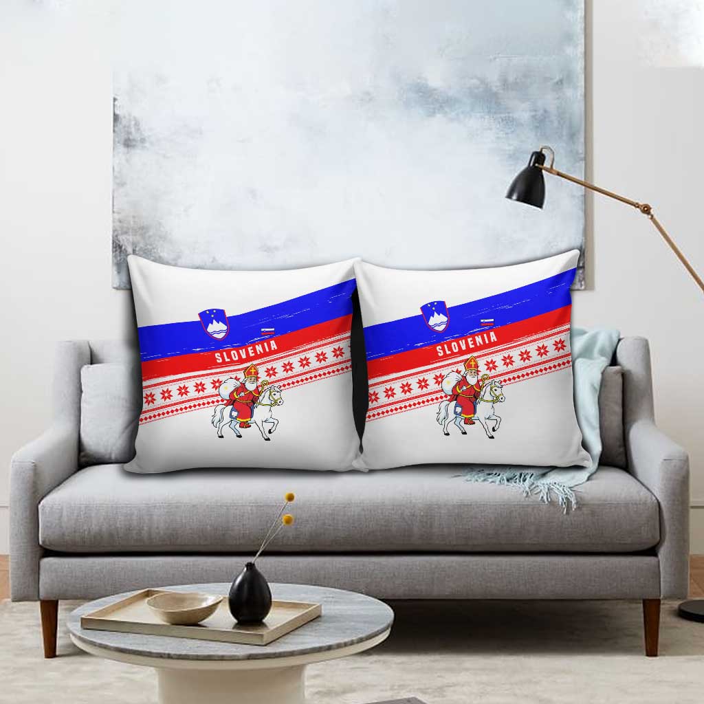 Slovenia Christmas Pillow Cover with Saint Nicholas White Horse Snowflake Pattern and National Flag Design - Wonder Print Shop