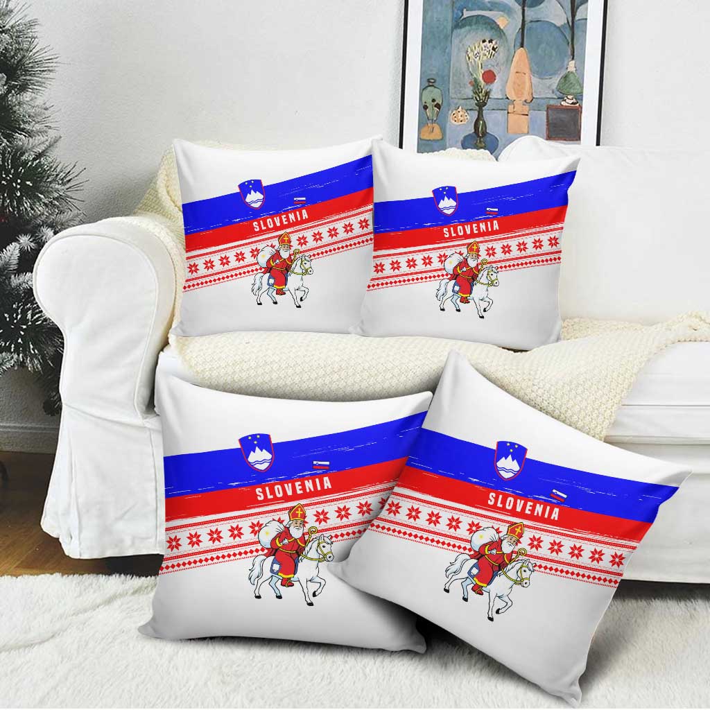 Slovenia Christmas Pillow Cover with Saint Nicholas White Horse Snowflake Pattern and National Flag Design - Wonder Print Shop