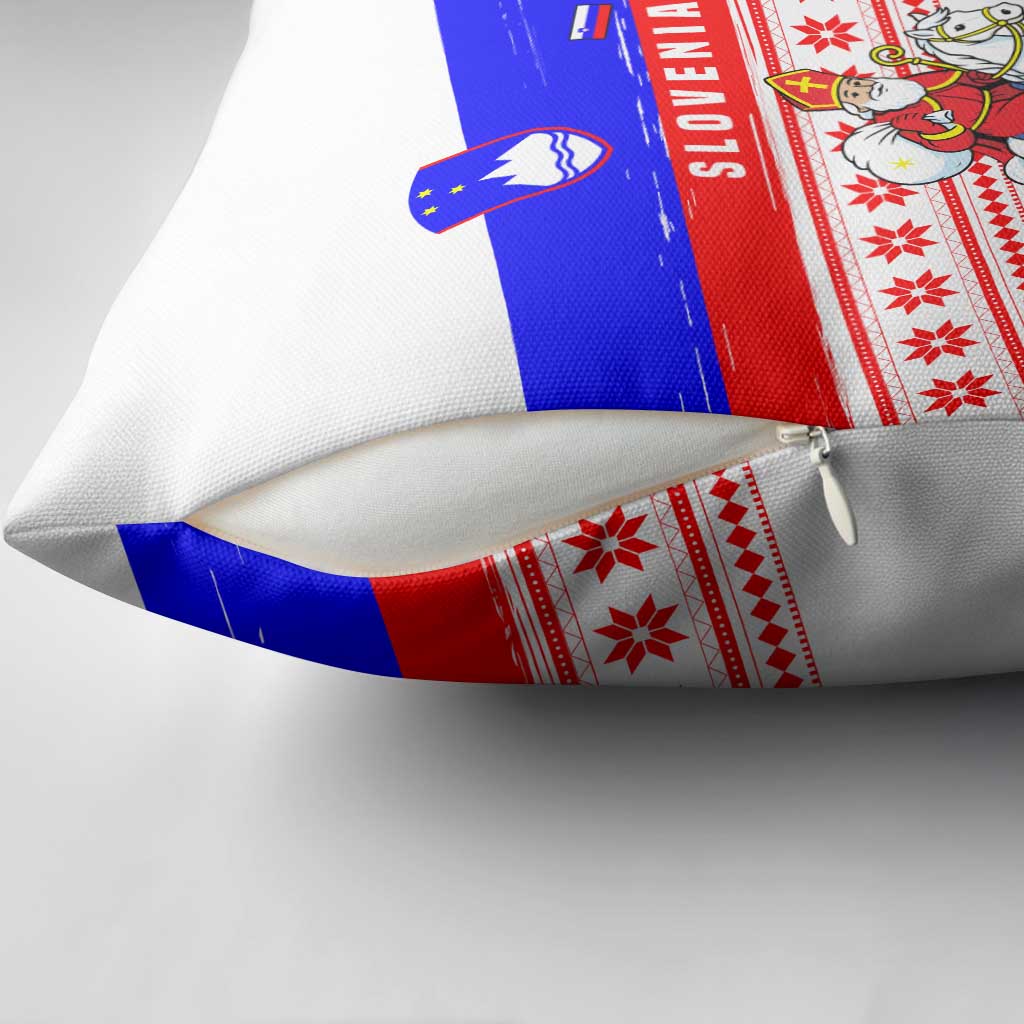 Slovenia Christmas Pillow Cover with Saint Nicholas White Horse Snowflake Pattern and National Flag Design - Wonder Print Shop