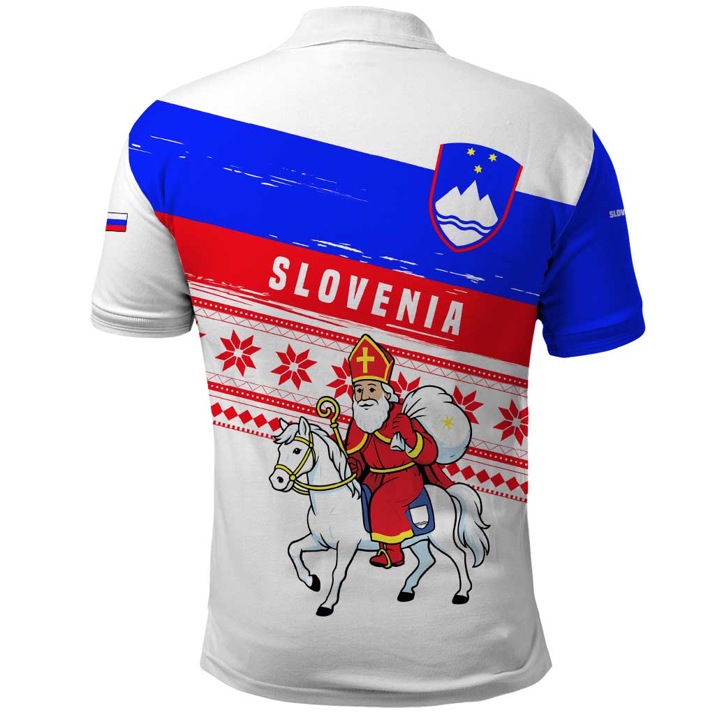 Slovenia Christmas Polo Shirt with Saint Nicholas White Horse Snowflake Pattern and National Flag Design - Wonder Print Shop