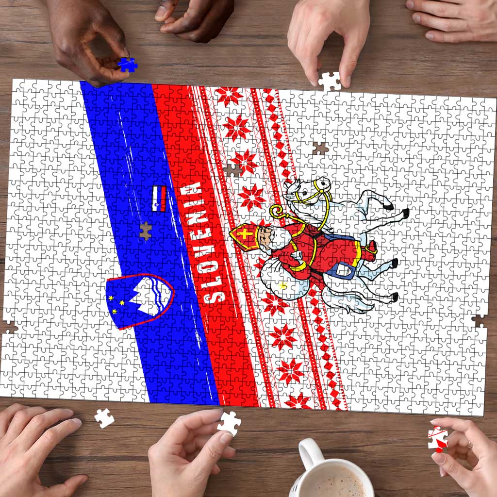 Slovenia Christmas Puzzle with Saint Nicholas White Horse Snowflake Pattern and National Flag Design - Wonder Print Shop