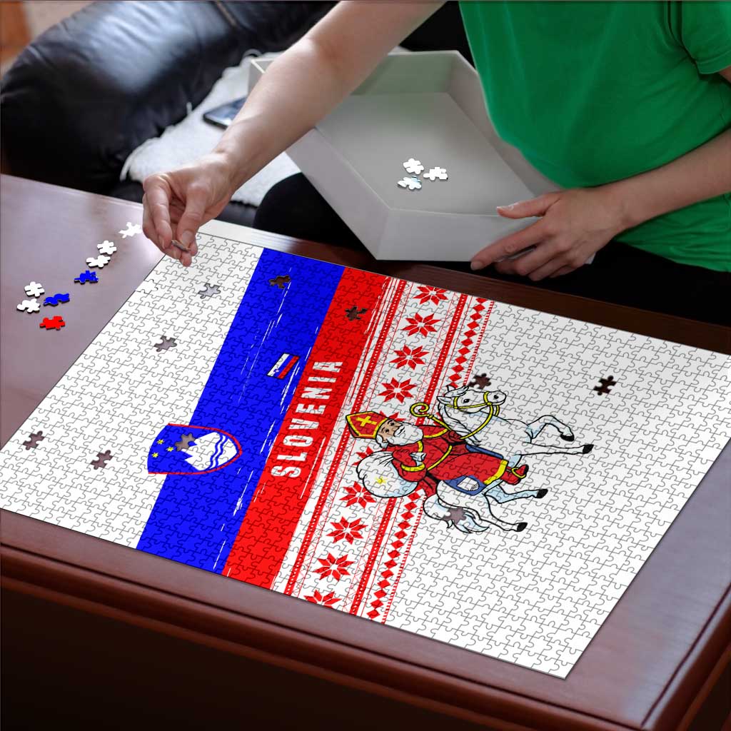 Slovenia Christmas Puzzle with Saint Nicholas White Horse Snowflake Pattern and National Flag Design - Wonder Print Shop