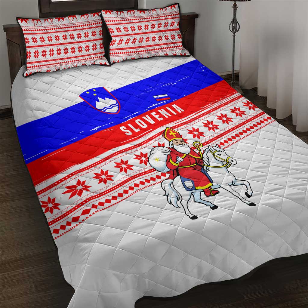 Slovenia Christmas Quilt Bed Set with Saint Nicholas White Horse Snowflake Pattern and National Flag Design - Wonder Print Shop