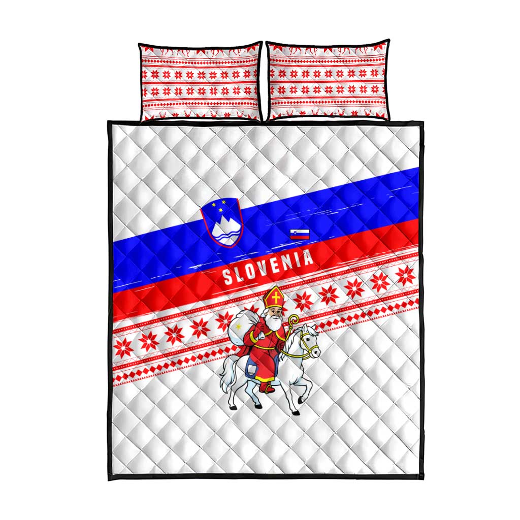 Slovenia Christmas Quilt Bed Set with Saint Nicholas White Horse Snowflake Pattern and National Flag Design - Wonder Print Shop