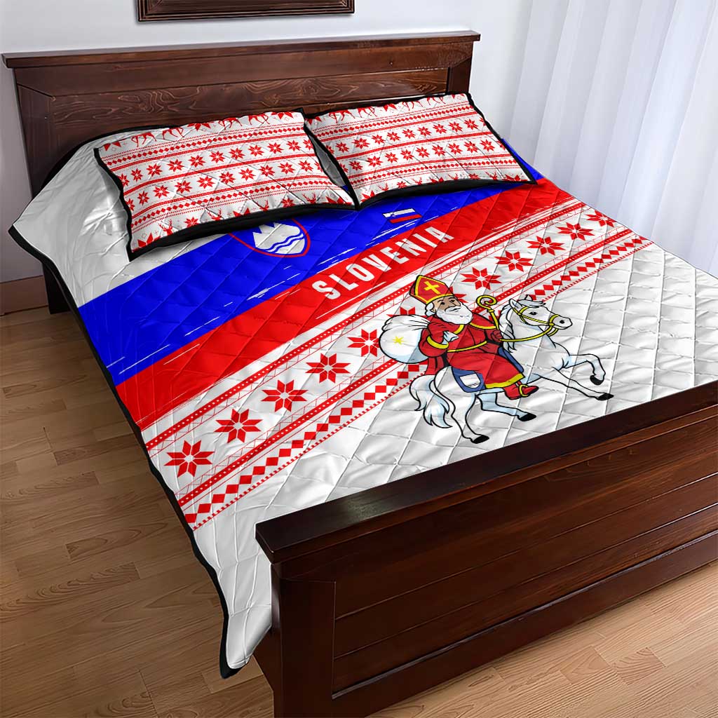 Slovenia Christmas Quilt Bed Set with Saint Nicholas White Horse Snowflake Pattern and National Flag Design - Wonder Print Shop