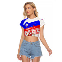 Slovenia Christmas Raglan Cropped T Shirt with Saint Nicholas White Horse Snowflake Pattern and National Flag Design - Wonder Print Shop