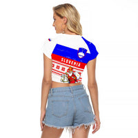 Slovenia Christmas Raglan Cropped T Shirt with Saint Nicholas White Horse Snowflake Pattern and National Flag Design - Wonder Print Shop