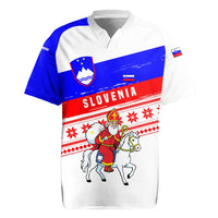 Slovenia Christmas Rugby Jersey with Saint Nicholas White Horse Snowflake Pattern and National Flag Design - Wonder Print Shop