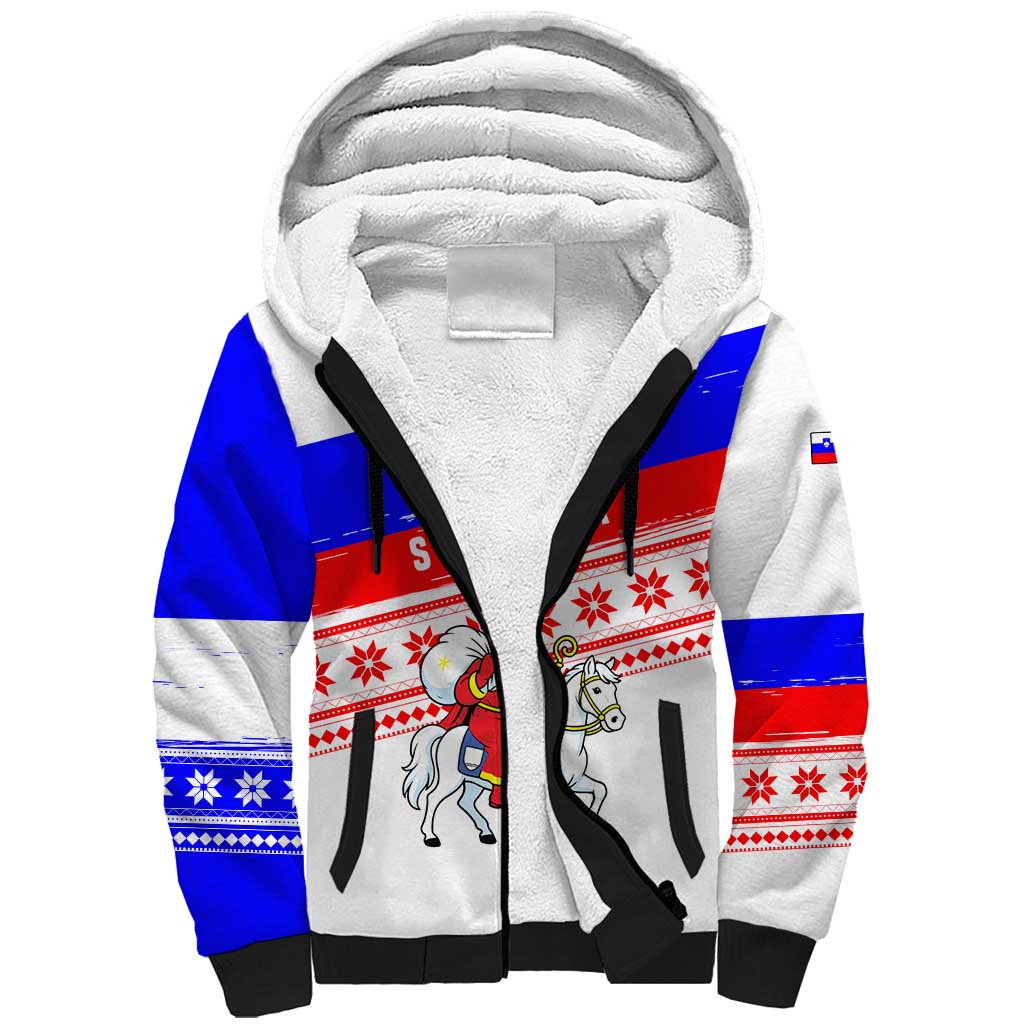 Slovenia Christmas Sherpa Hoodie with Saint Nicholas White Horse Snowflake Pattern and National Flag Design - Wonder Print Shop