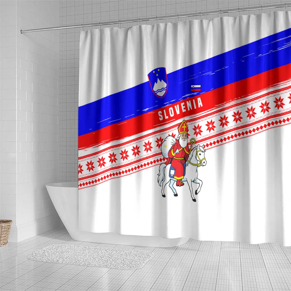 Slovenia Christmas Shower Curtain with Saint Nicholas White Horse Snowflake Pattern and National Flag Design - Wonder Print Shop